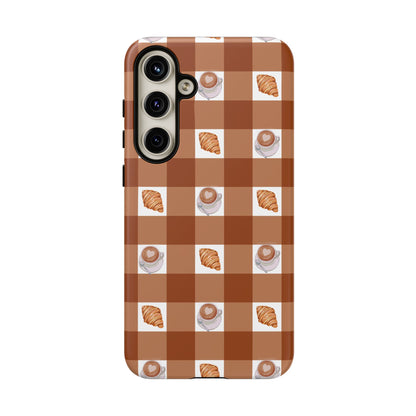 Chic Coffee & Croissant Gingham Plaid Tough Phone Case