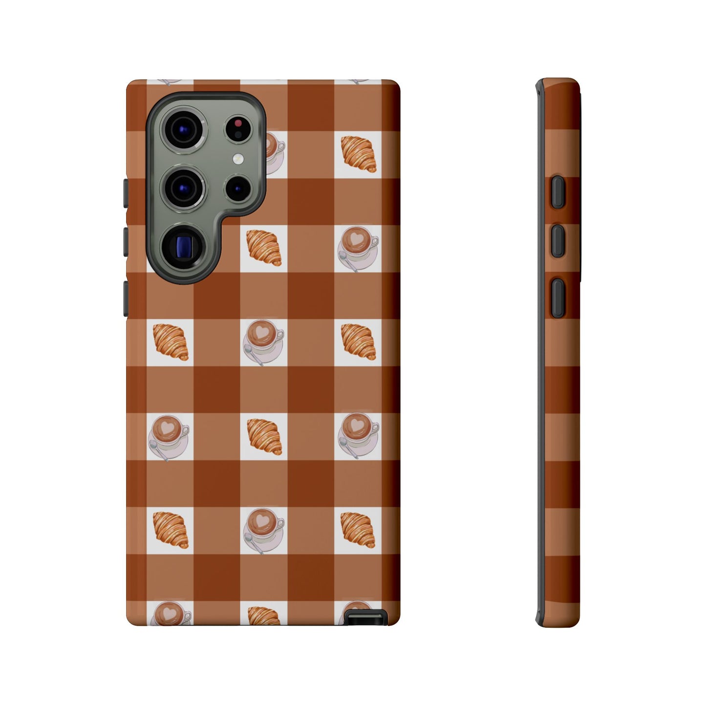 Chic Coffee & Croissant Gingham Plaid Tough Phone Case
