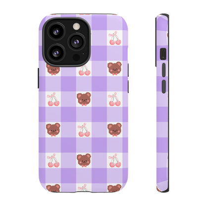 Cute Cherry & Bear Aesthetic Gingham Plaid Tough Phone Case