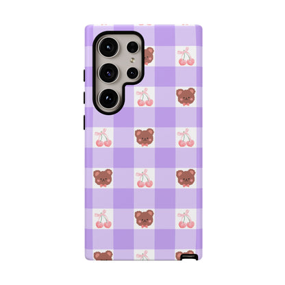Cute Cherry & Bear Aesthetic Gingham Plaid Tough Phone Case