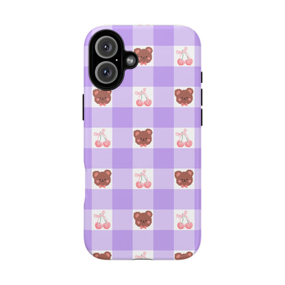 Cute Cherry & Bear Aesthetic Gingham Plaid Tough Phone Case