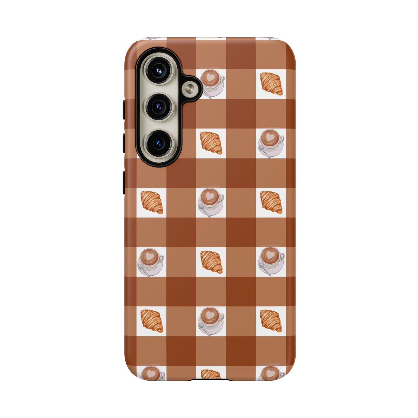 Chic Coffee & Croissant Gingham Plaid Tough Phone Case