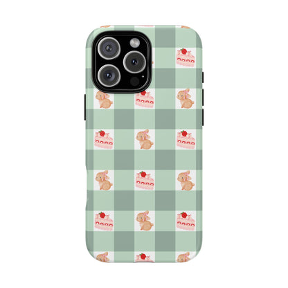 Cute Bunny & Strawberry Cream Cake Gingham Plaid Aesthetic Tough Phone Case