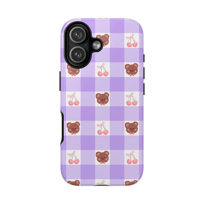 Cute Cherry & Bear Aesthetic Gingham Plaid Tough Phone Case