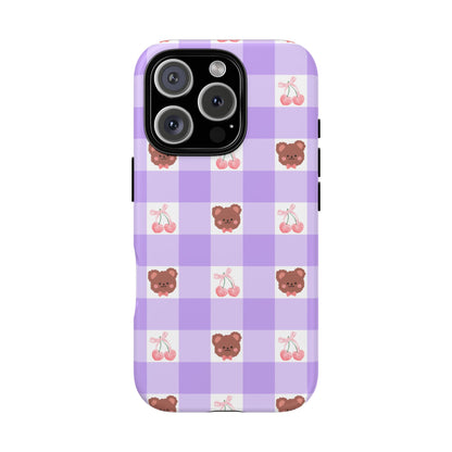 Cute Cherry & Bear Aesthetic Gingham Plaid Tough Phone Case