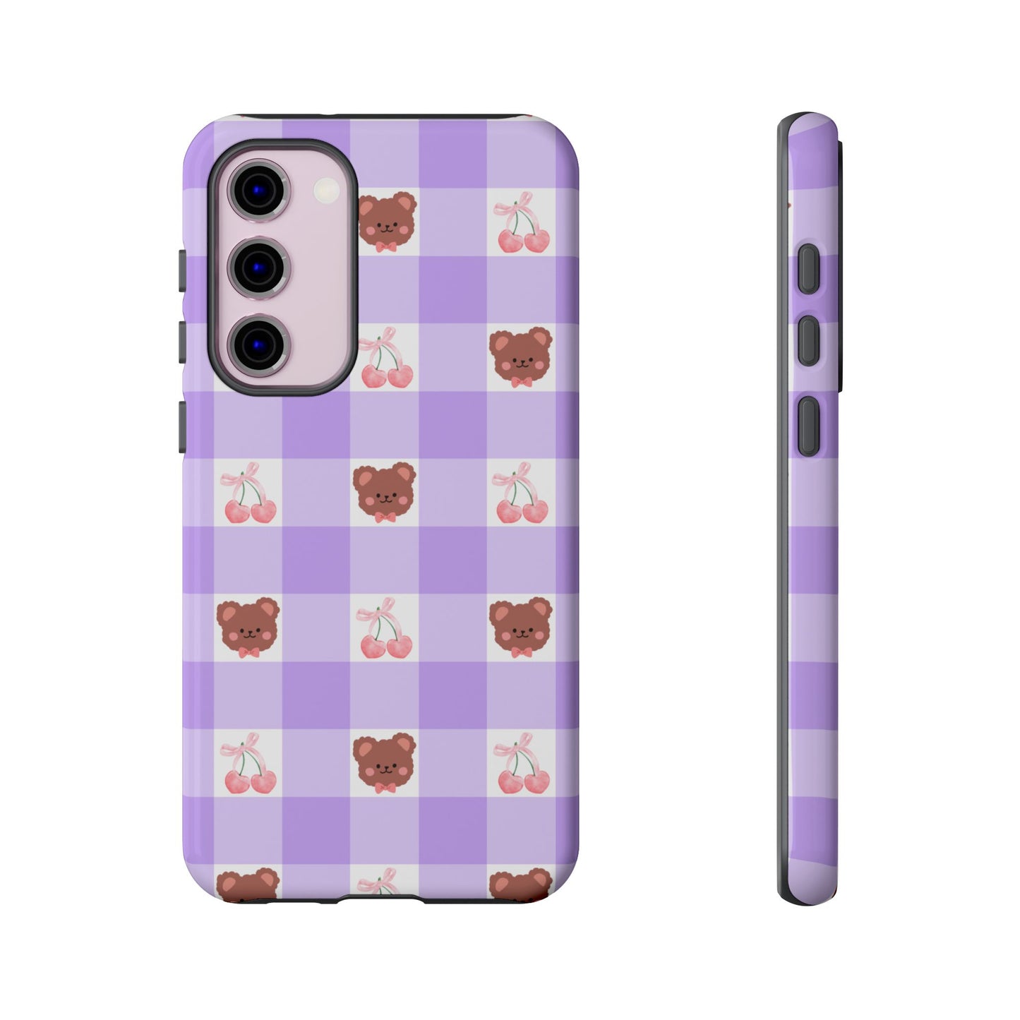 Cute Cherry & Bear Aesthetic Gingham Plaid Tough Phone Case