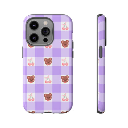 Cute Cherry & Bear Aesthetic Gingham Plaid Tough Phone Case