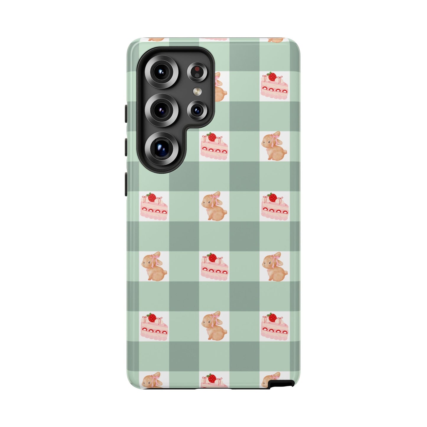 Cute Bunny & Strawberry Cream Cake Gingham Plaid Aesthetic Tough Phone Case