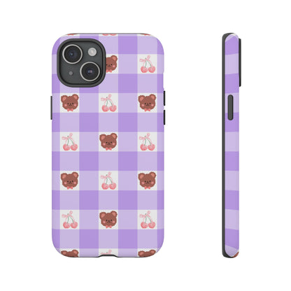 Cute Cherry & Bear Aesthetic Gingham Plaid Tough Phone Case