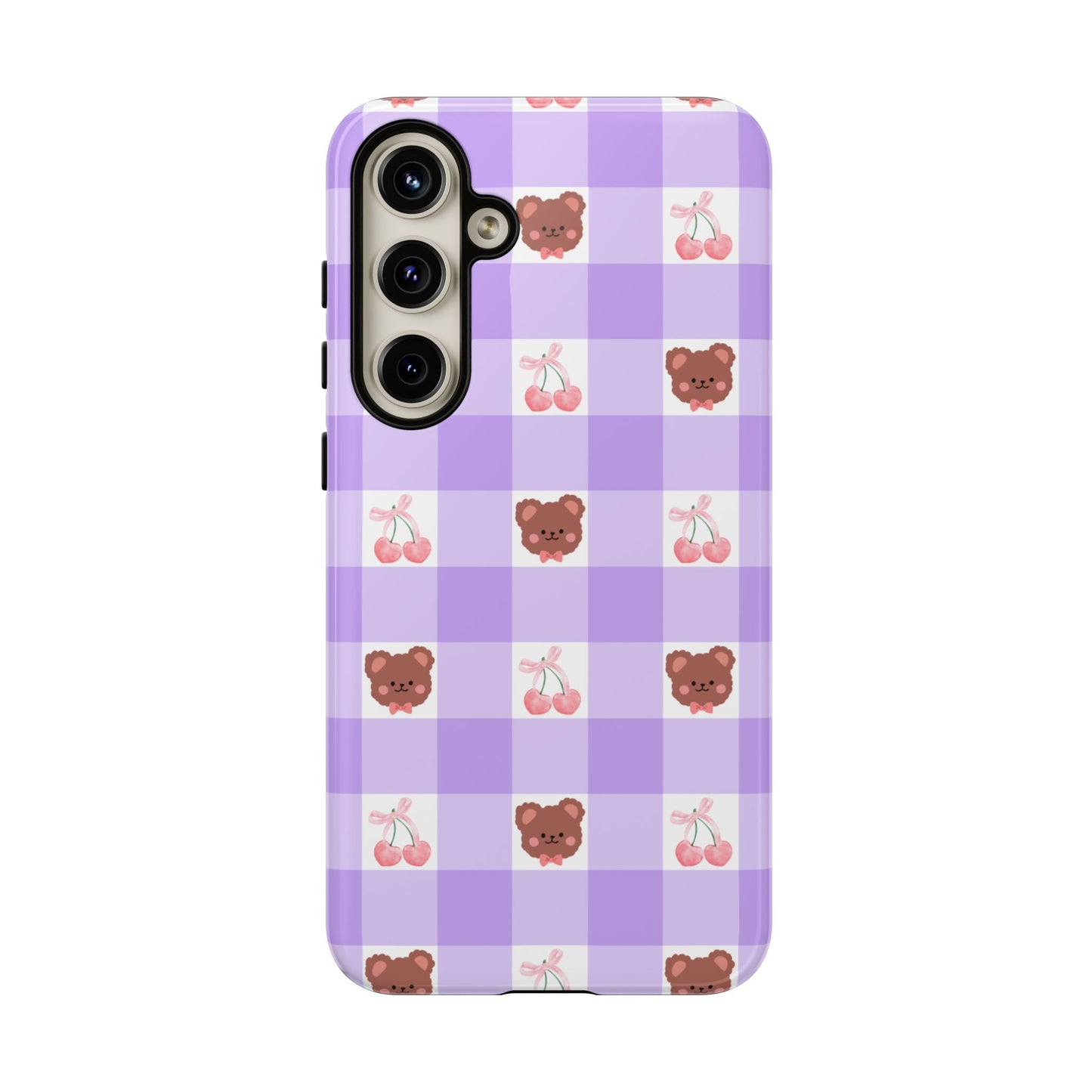 Cute Cherry & Bear Aesthetic Gingham Plaid Tough Phone Case