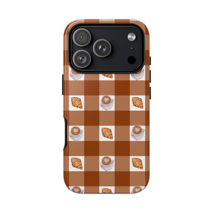 Chic Coffee & Croissant Gingham Plaid Tough Phone Case