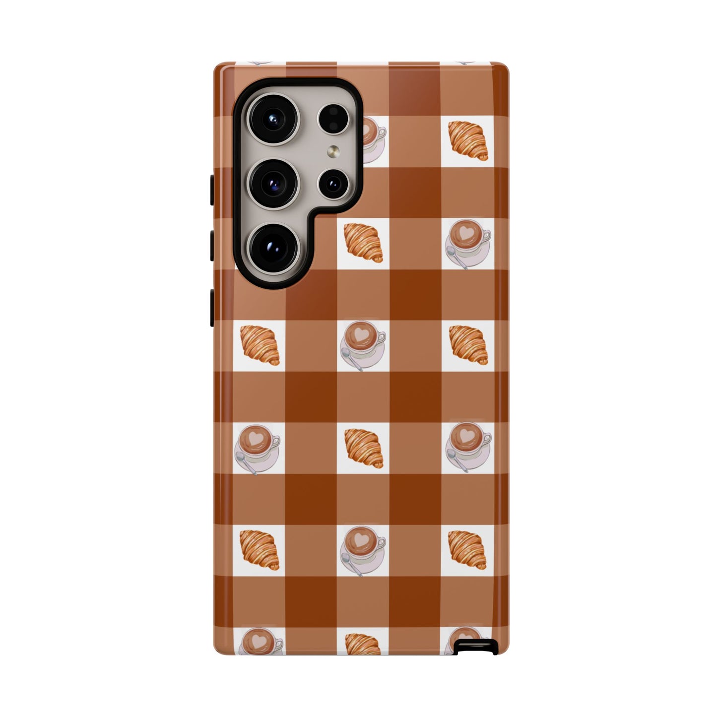 Chic Coffee & Croissant Gingham Plaid Tough Phone Case
