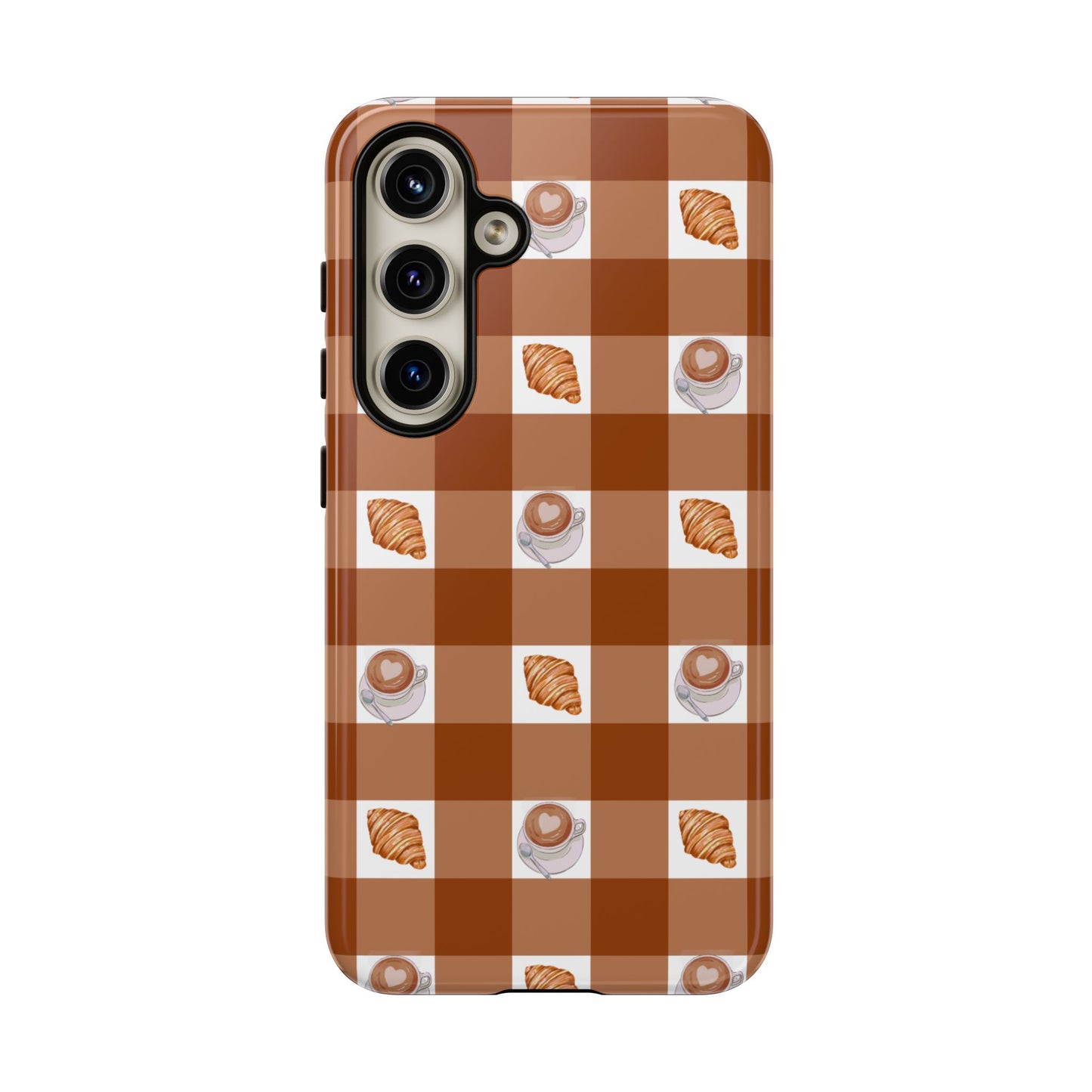 Chic Coffee & Croissant Gingham Plaid Tough Phone Case
