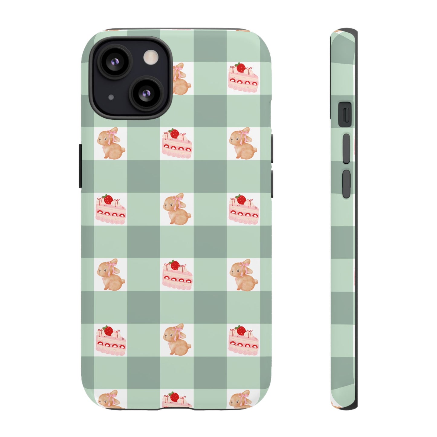 Cute Bunny & Strawberry Cream Cake Gingham Plaid Aesthetic Tough Phone Case