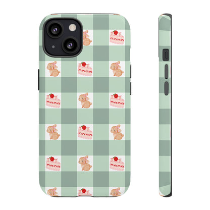 Cute Bunny & Strawberry Cream Cake Gingham Plaid Aesthetic Tough Phone Case