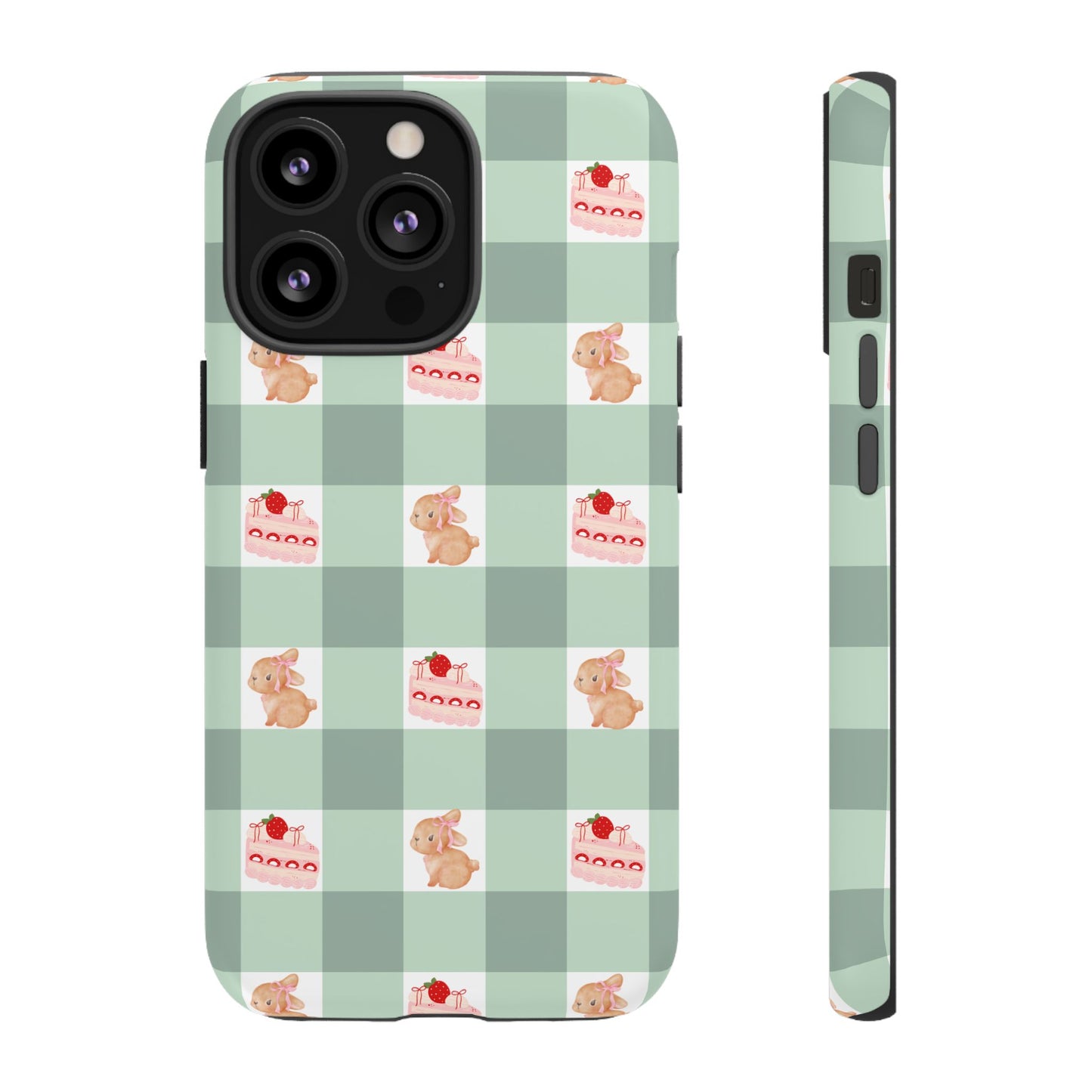 Cute Bunny & Strawberry Cream Cake Gingham Plaid Aesthetic Tough Phone Case
