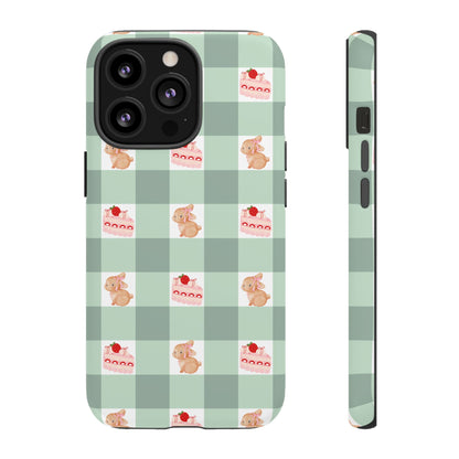 Cute Bunny & Strawberry Cream Cake Gingham Plaid Aesthetic Tough Phone Case