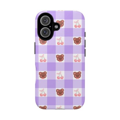 Cute Cherry & Bear Aesthetic Gingham Plaid Tough Phone Case