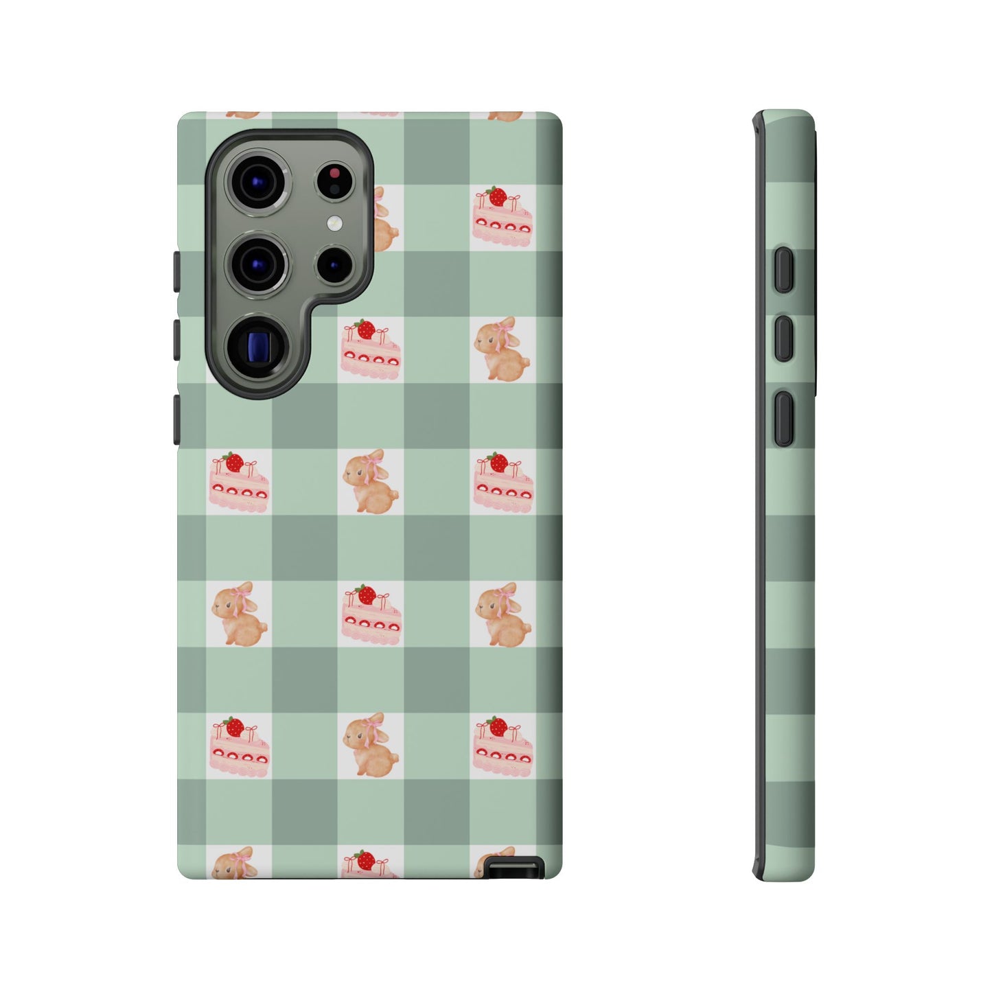 Cute Bunny & Strawberry Cream Cake Gingham Plaid Aesthetic Tough Phone Case