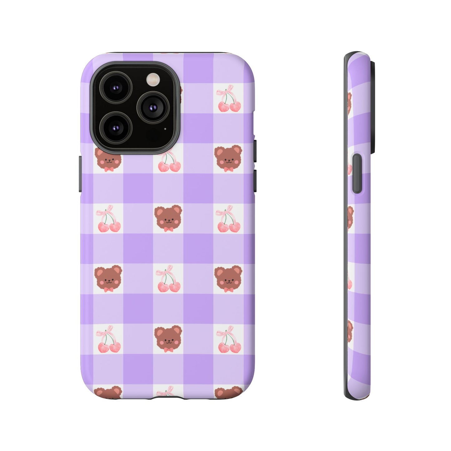 Cute Cherry & Bear Aesthetic Gingham Plaid Tough Phone Case
