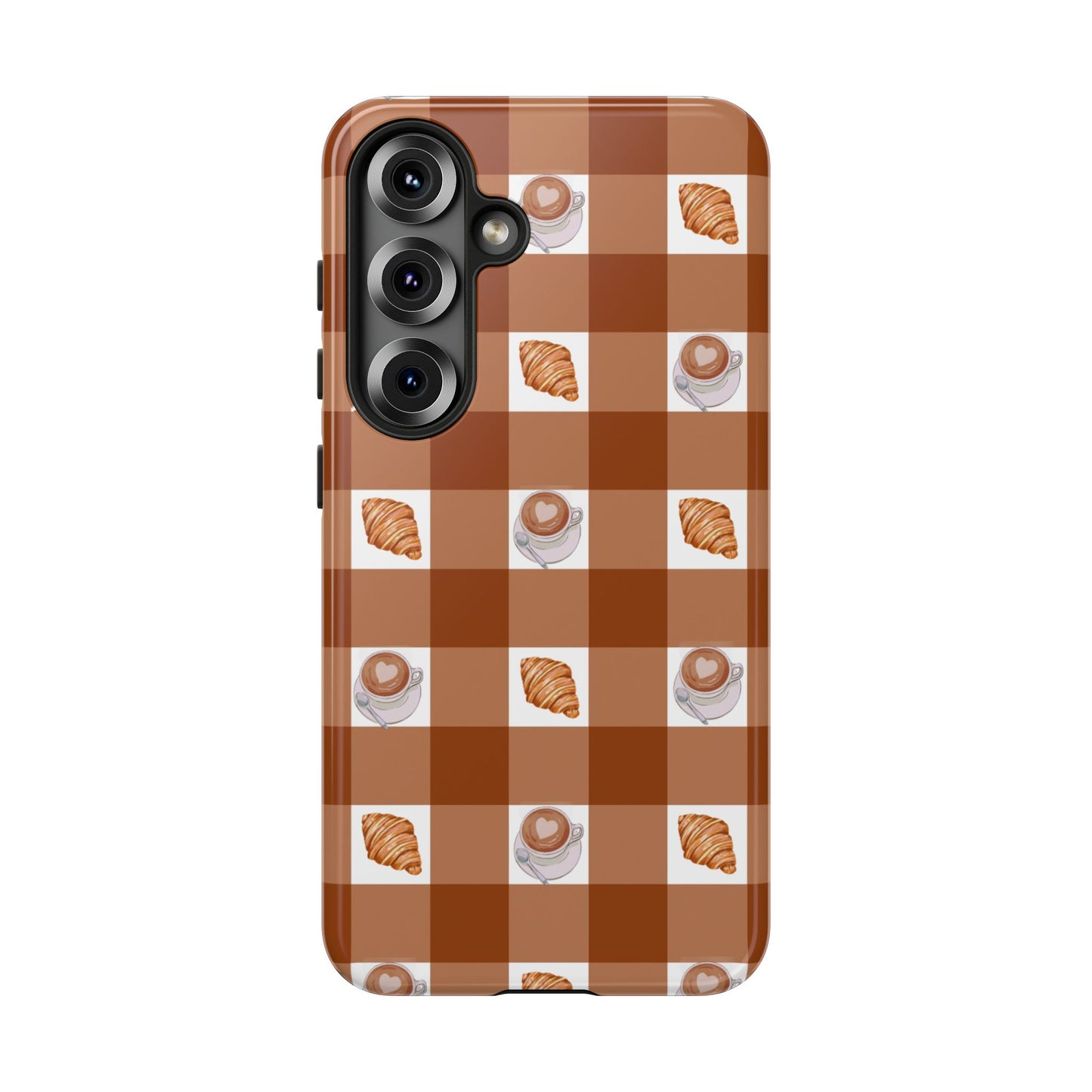 Chic Coffee & Croissant Gingham Plaid Tough Phone Case