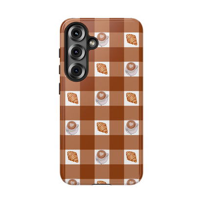 Chic Coffee & Croissant Gingham Plaid Tough Phone Case