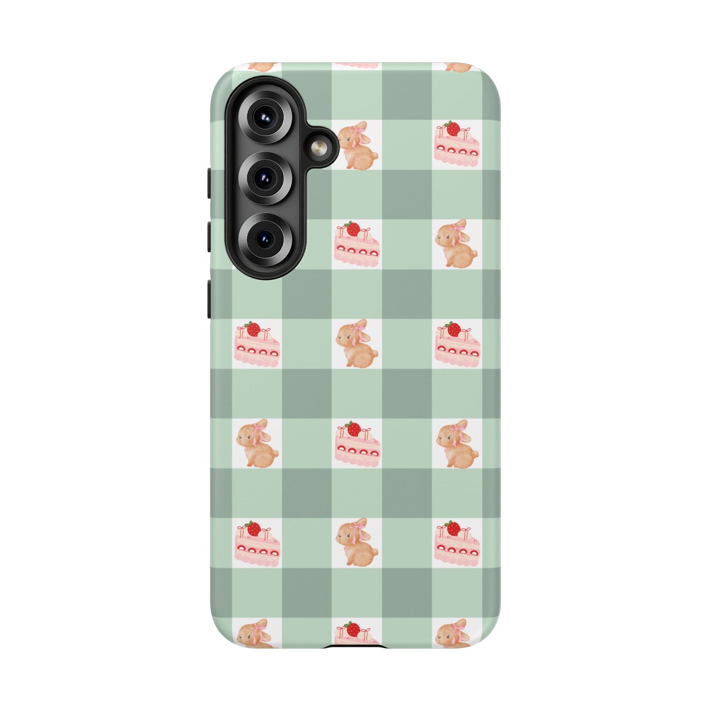 Cute Bunny & Strawberry Cream Cake Gingham Plaid Aesthetic Tough Phone Case