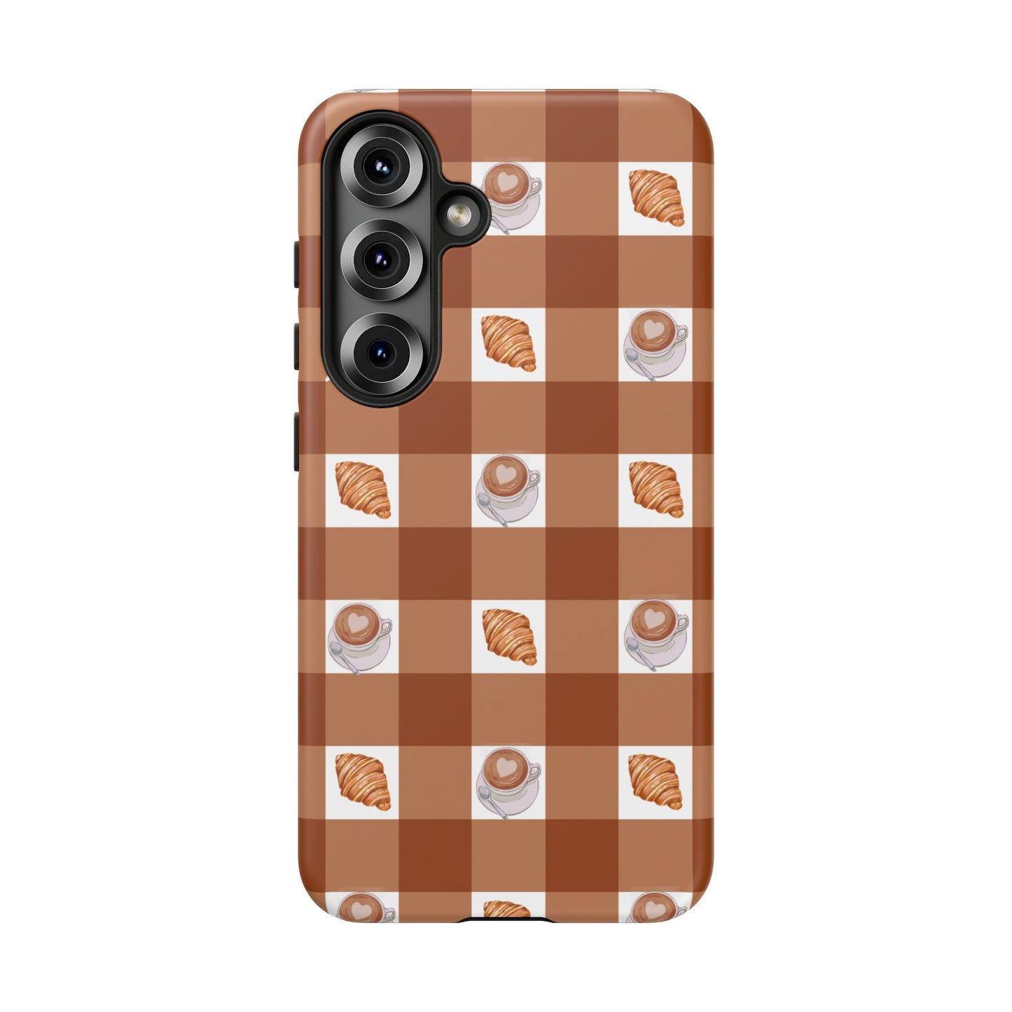 Chic Coffee & Croissant Gingham Plaid Tough Phone Case