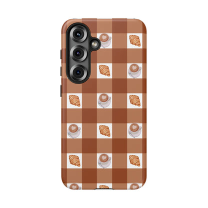 Chic Coffee & Croissant Gingham Plaid Tough Phone Case