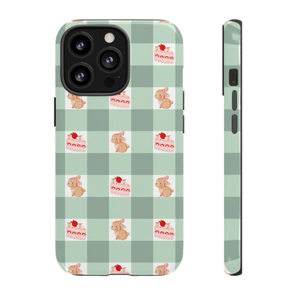 Cute Bunny & Strawberry Cream Cake Gingham Plaid Aesthetic Tough Phone Case