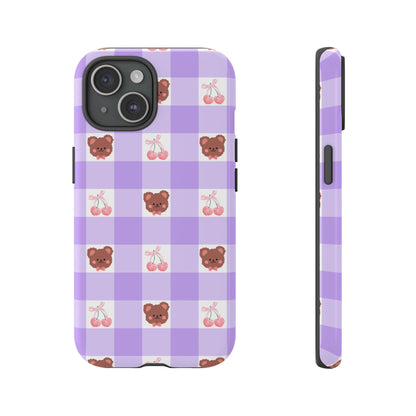 Cute Cherry & Bear Aesthetic Gingham Plaid Tough Phone Case