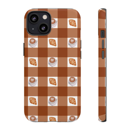 Chic Coffee & Croissant Gingham Plaid Tough Phone Case