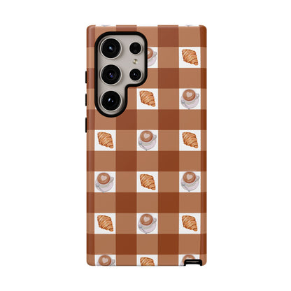 Chic Coffee & Croissant Gingham Plaid Tough Phone Case