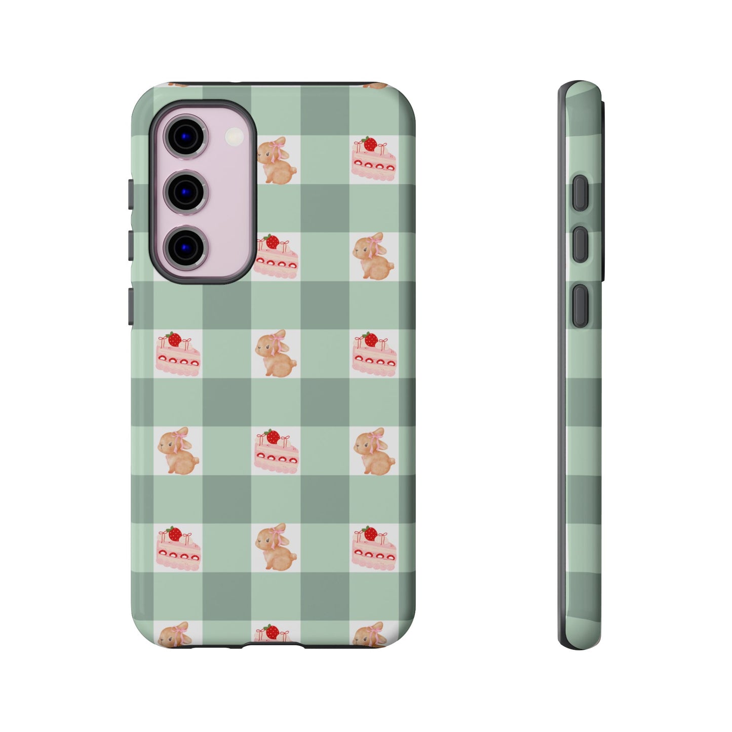 Cute Bunny & Strawberry Cream Cake Gingham Plaid Aesthetic Tough Phone Case