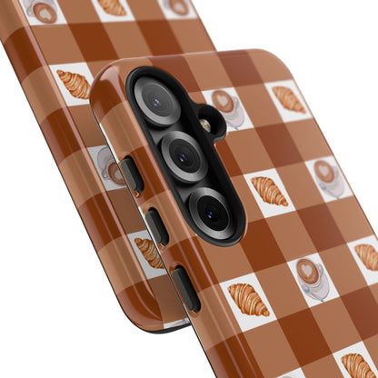 Chic Coffee & Croissant Gingham Plaid Tough Phone Case