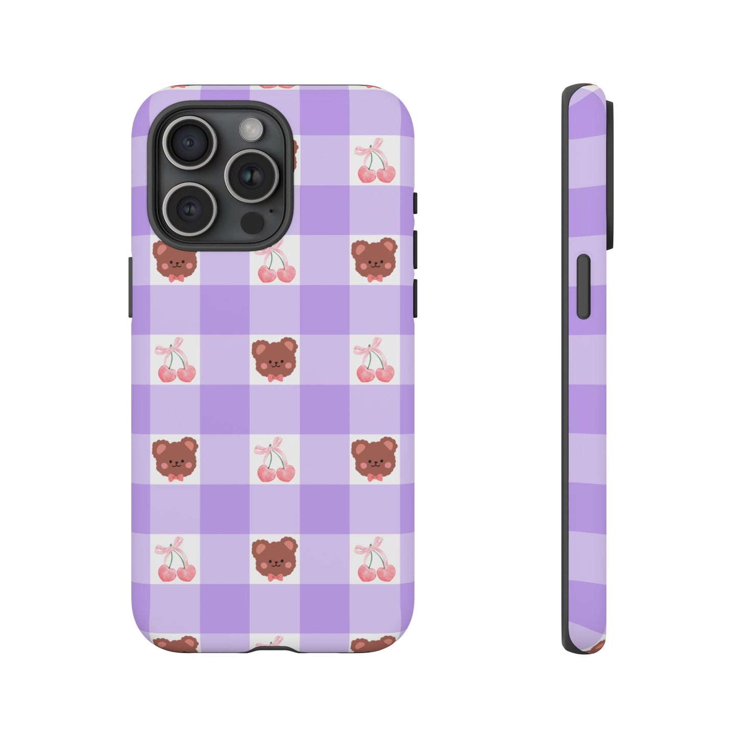 Cute Cherry & Bear Aesthetic Gingham Plaid Tough Phone Case