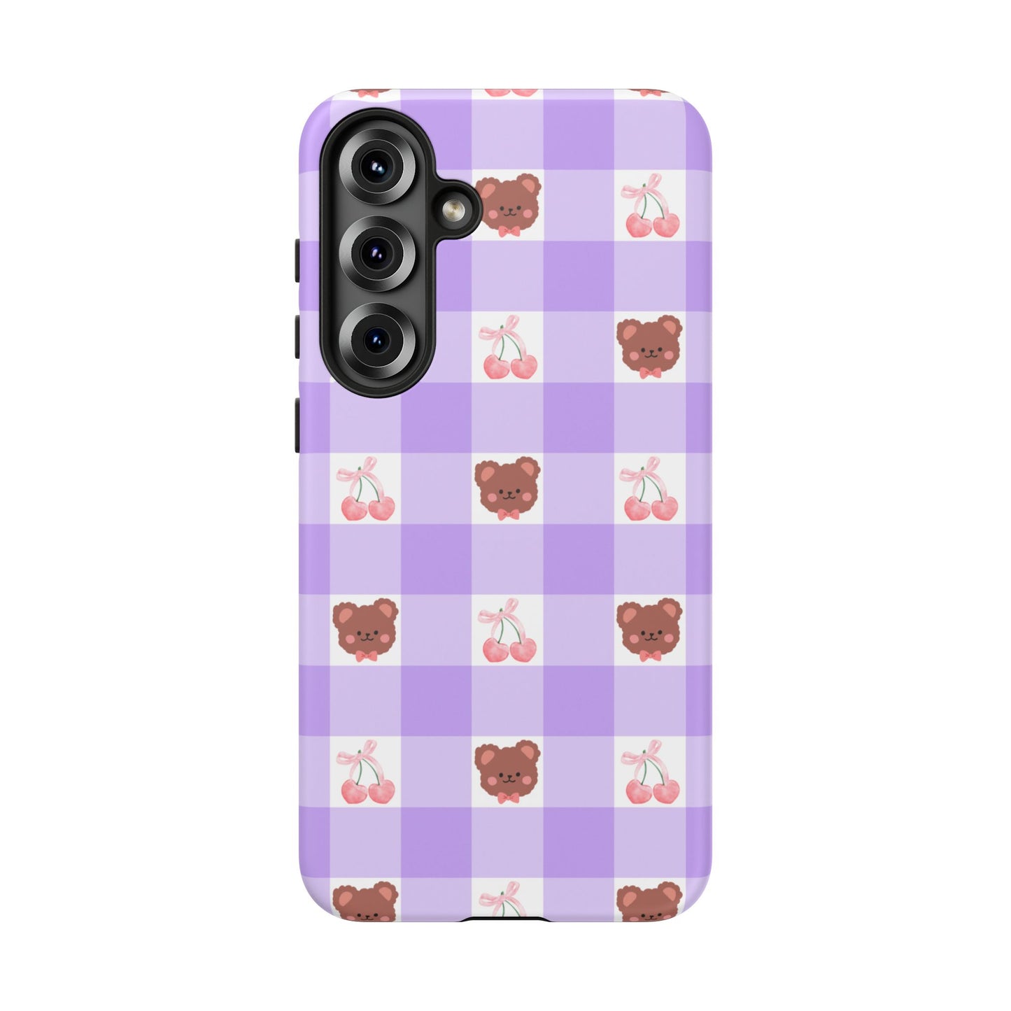 Cute Cherry & Bear Aesthetic Gingham Plaid Tough Phone Case