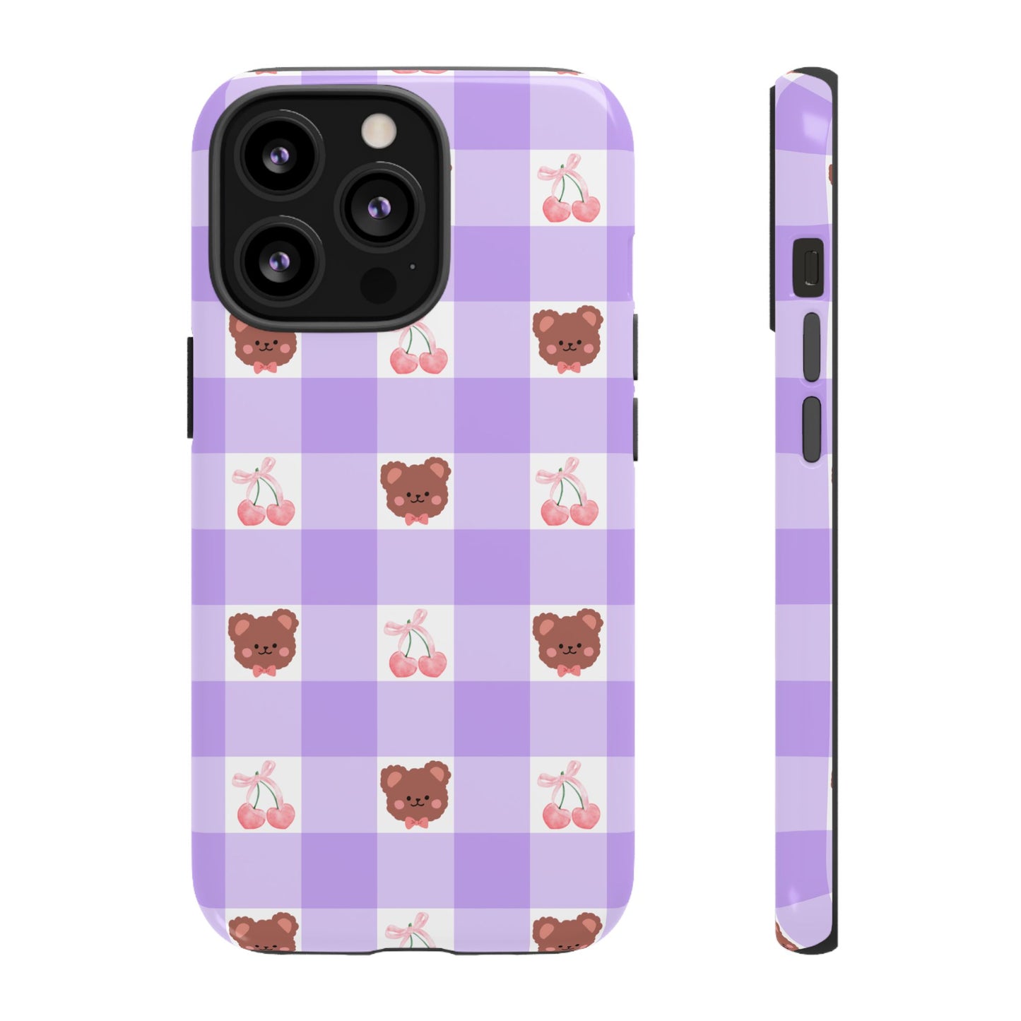 Cute Cherry & Bear Aesthetic Gingham Plaid Tough Phone Case