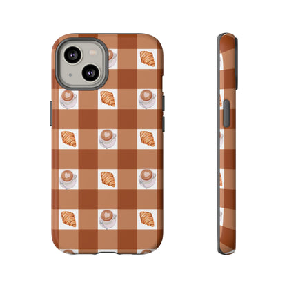 Chic Coffee & Croissant Gingham Plaid Tough Phone Case