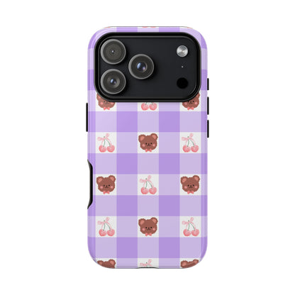 Cute Cherry & Bear Aesthetic Gingham Plaid Tough Phone Case