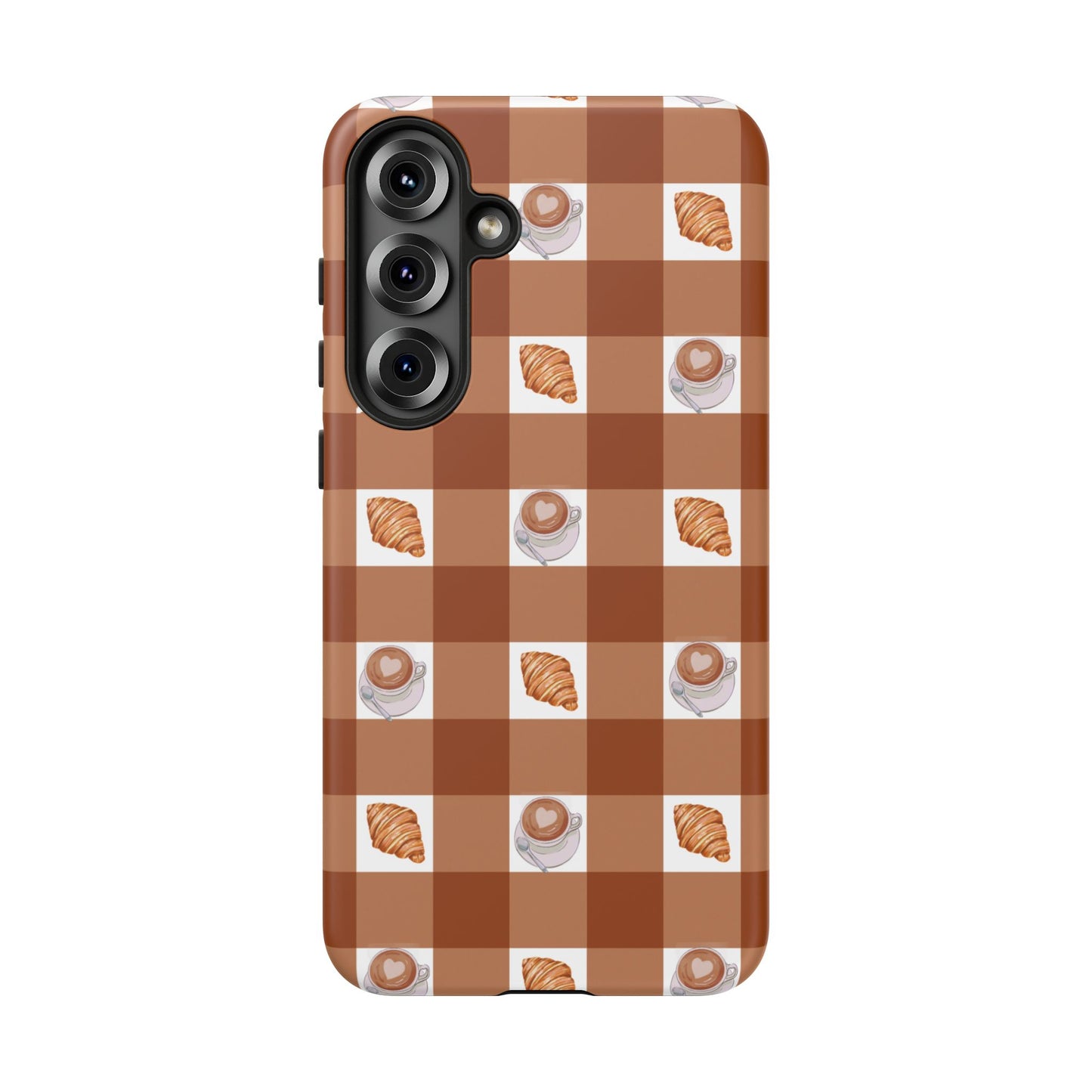 Chic Coffee & Croissant Gingham Plaid Tough Phone Case