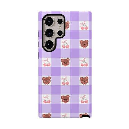 Cute Cherry & Bear Aesthetic Gingham Plaid Tough Phone Case