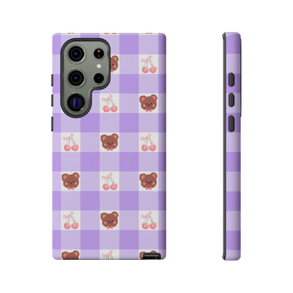 Cute Cherry & Bear Aesthetic Gingham Plaid Tough Phone Case
