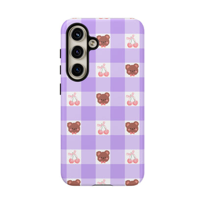 Cute Cherry & Bear Aesthetic Gingham Plaid Tough Phone Case