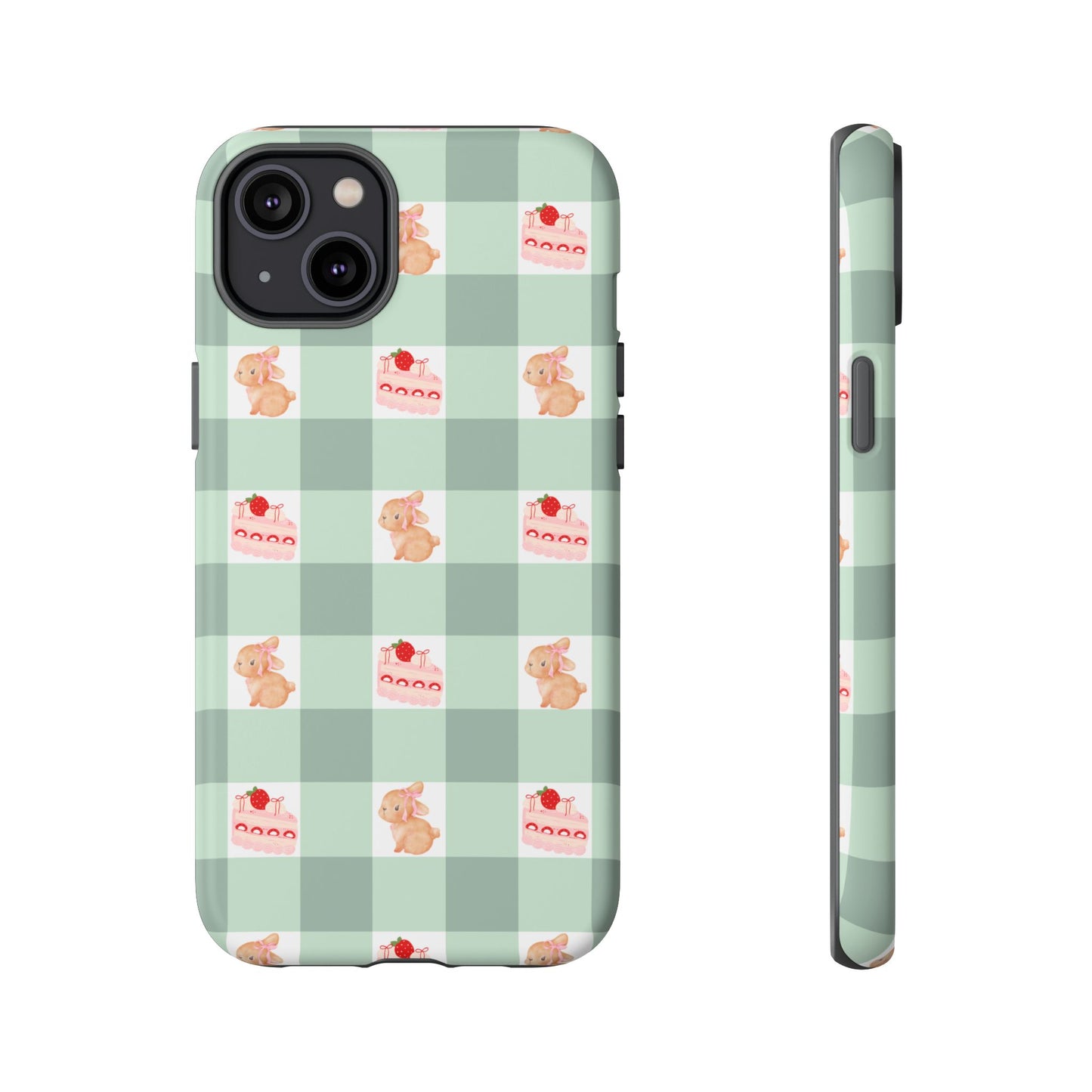 Cute Bunny & Strawberry Cream Cake Gingham Plaid Aesthetic Tough Phone Case