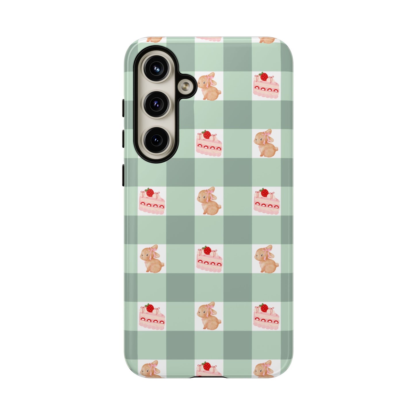 Cute Bunny & Strawberry Cream Cake Gingham Plaid Aesthetic Tough Phone Case