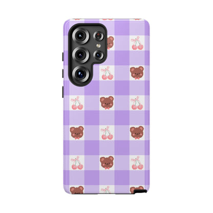 Cute Cherry & Bear Aesthetic Gingham Plaid Tough Phone Case