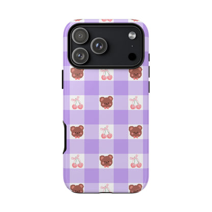 Cute Cherry & Bear Aesthetic Gingham Plaid Tough Phone Case