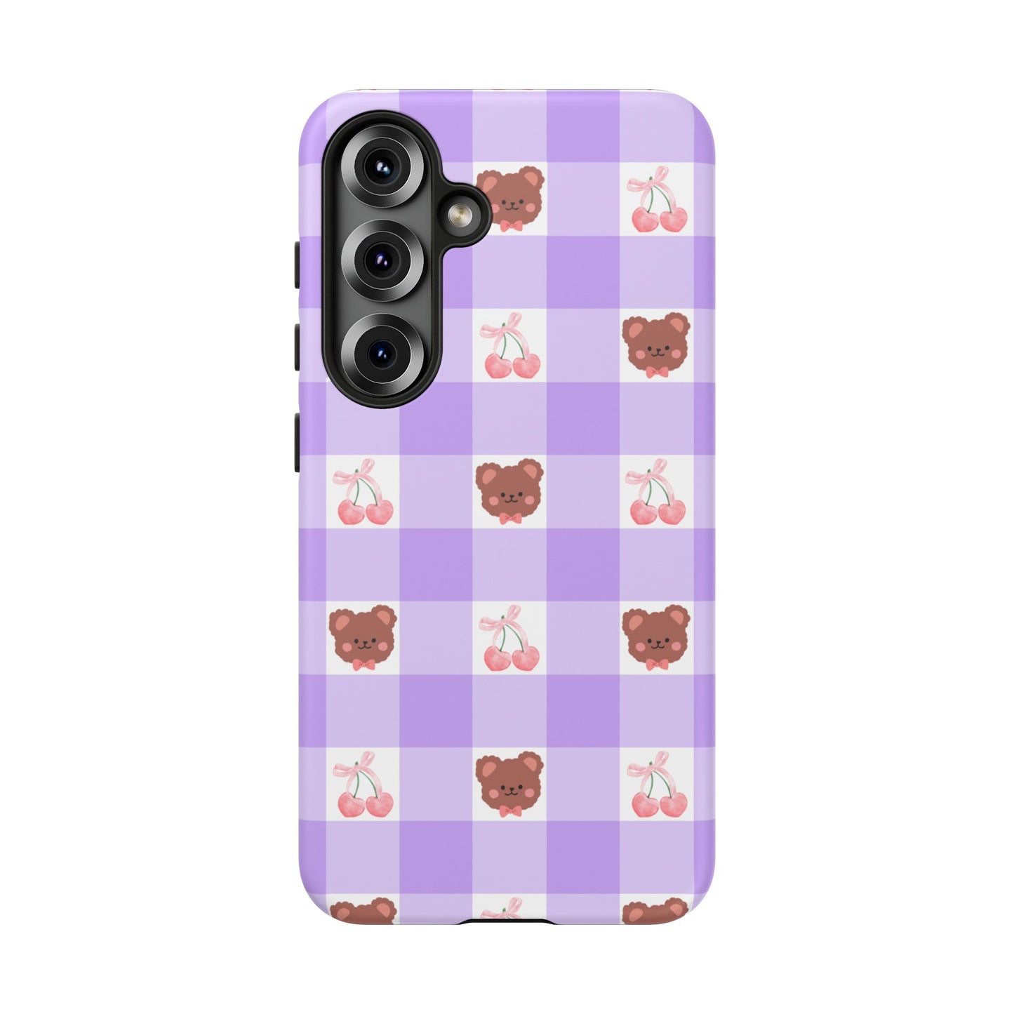 Cute Cherry & Bear Aesthetic Gingham Plaid Tough Phone Case