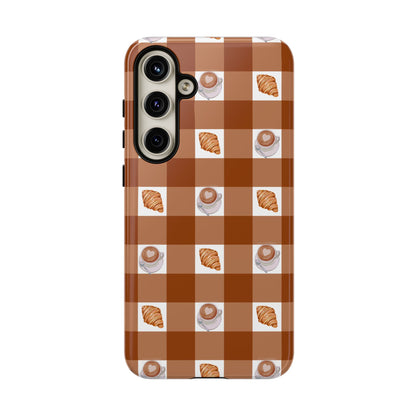 Chic Coffee & Croissant Gingham Plaid Tough Phone Case
